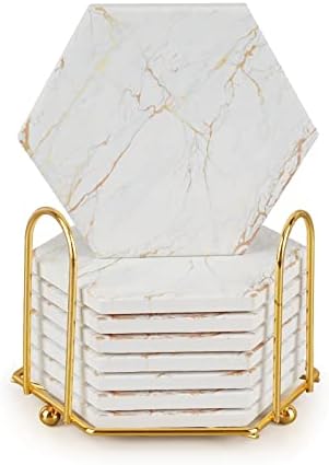 Coasters Set of 8, White and Gold Absorbent Marble Coaster