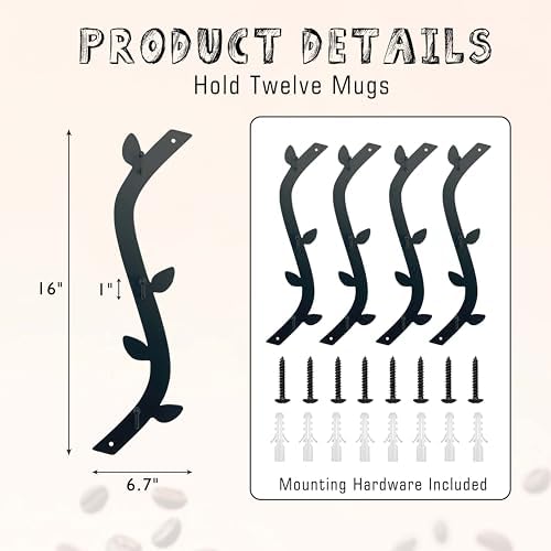 4pcs Metal Coffee Mug Holder Wall Mounted, Coffee Mug Rack and Cup