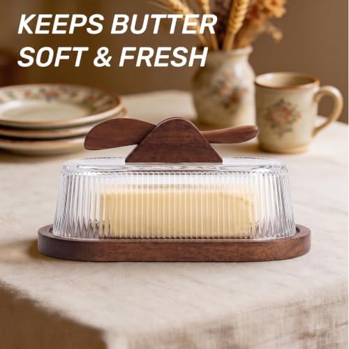 Glass Butter Dish with Lid for Countertop, Wood Base Butter Holder