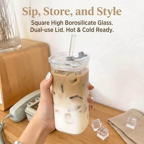 13oz Square Glass Cups with Lids and Straws, 4 Pcs Borosilicate Glass