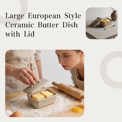 Large European Style Ceramic Butter Dish with Lid Speckled Countertop