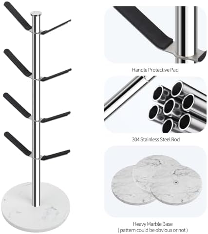 Marble Mug Holder Tree with 8 Hooks, Stainless Steel, Silver