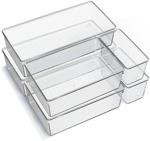 6 Pack Clear Plastic Drawer Organizer Trays