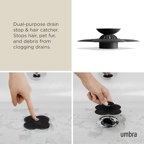 Umbra Bloom Drain Stop, Bathtub Drain Hair Catcher, 3-Inch, Black