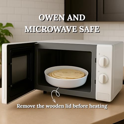 Ceramic Tortilla Warmer with Wooden Lid – 7.5 Inch Tortillero Keeps