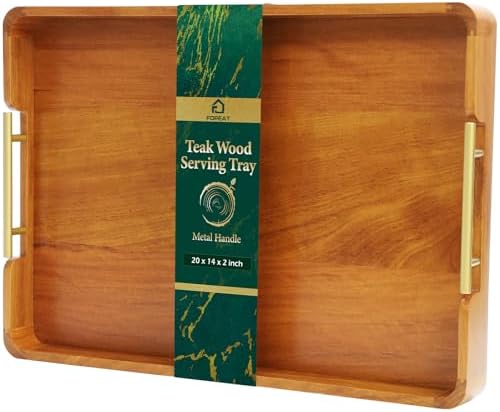 Solid Teak Wood Serving Tray with Handles, 20 x 14 Inch