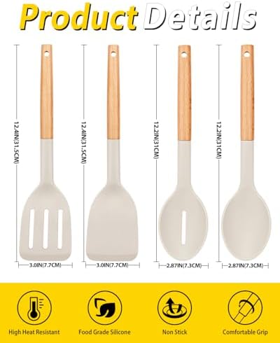 BUNDLEPRO Silicone Spatula and Spoon Set, 4-Piece, Khaki