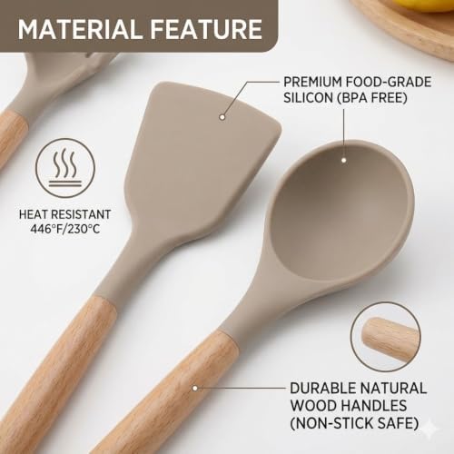 12 Piece Kitchen Utensils Set with Holder, Beige
