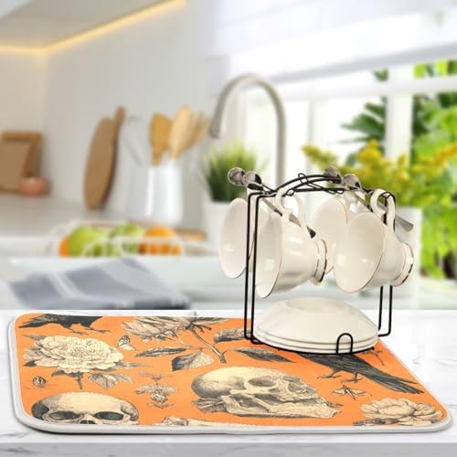 OTVEE Skull Floral Fantasy Dish Drying Mat for Kitchen Counter