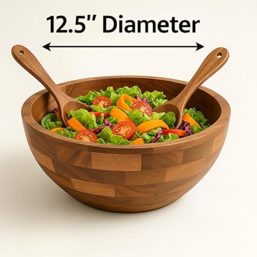 Shalinindia Large Acacia Wood Salad Bowl Set with Utensils, 12.5 In