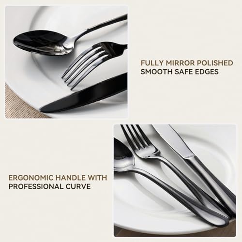48 PCS NO-FADING Black Silverware Set with Steak Knives, Flatware for 8