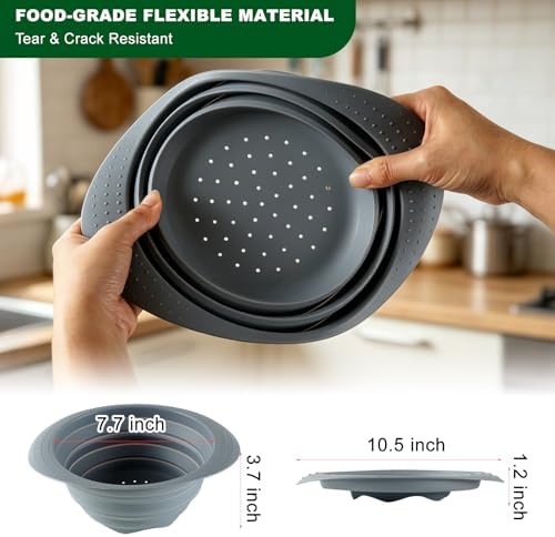 Collapsible Silicone Colander with Handle, 10.5-Inch Large Capacity