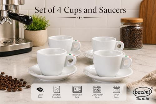 Bacimi® Espresso Cups & Saucers Set of 4 – 3 oz Thick Porcelain Coffee