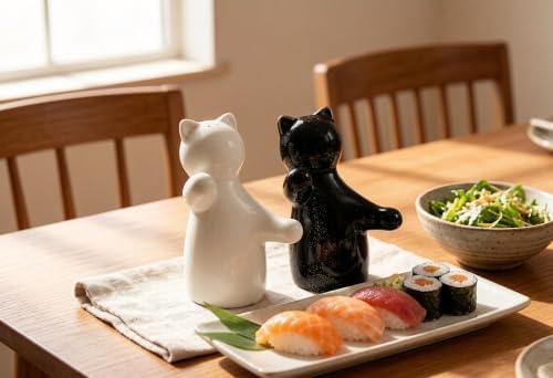Cat Salt and Pepper Shakers, Set of 2, White and Black