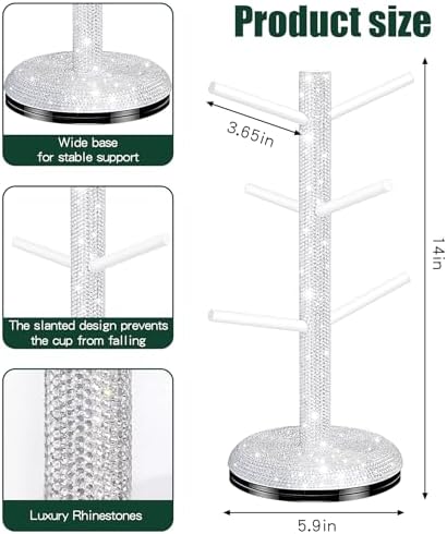 Bling Mug Holder Tree, 360° Rotation Coffee Cup Holder with 6 Hooks