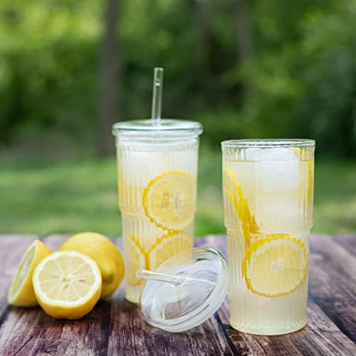 Birchland All Glass Iced Coffee Cup with Lid and Straw, Ribbed Glass
