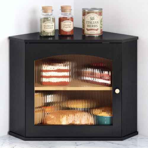 LAMU Corner Bread Box for Kitchen Countertop, Bamboo Wood Bread Storage