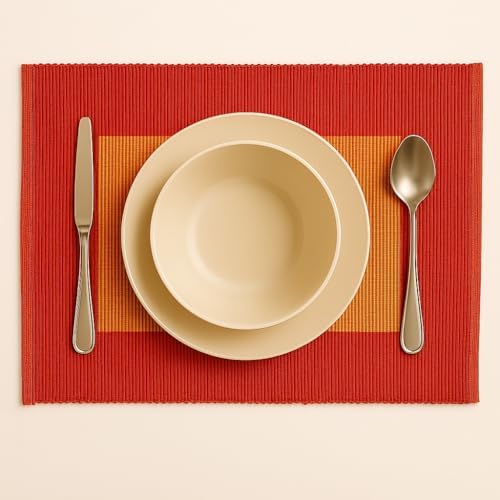 Cotton Placemats Set of 6, Burnt Orange Ribbed Table Mats