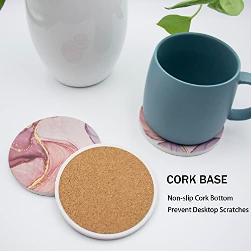 Absorbent Pink Marble Ceramic Coasters for Drinks with Gold Holder and