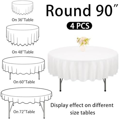 4 Pack Round Tablecloth 90 Inch White Polyester Washable Decorative