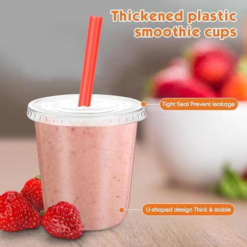 Ziliny 50 Sets 12 Oz Plastic Cups with Lids and Jumbo Straws