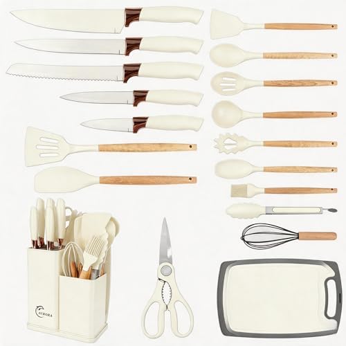 19 Piece Kitchen Utensil Set with Knife Set and Holder, White