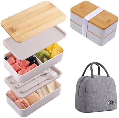 Japanese Bamboo Bento Box with Compartments and Utensils, Beige