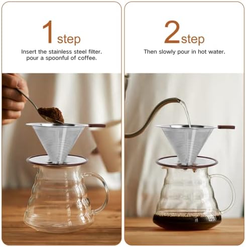 Pour Over Coffee Dripper, Stainless Steel Reusable Cone Filter, 1-2