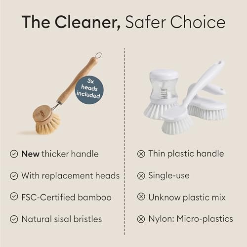 Vove Bamboo Dish Brush with 3 Replacement Heads, Natural Fiber