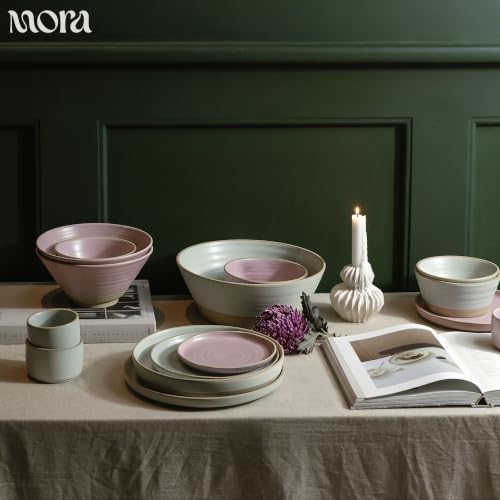 MORA Giant Salad Bowl Set with Wood Salad Servers, 4 qt Large Ceramic
