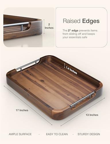 TIDITA 17"x13" Rectangular Wooden Serving Tray, Metal Handles, Walnut
