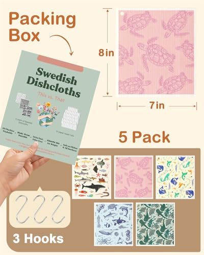 Miss Adola Swedish Dishcloths for Kitchen with Hooks - Reusable Dish