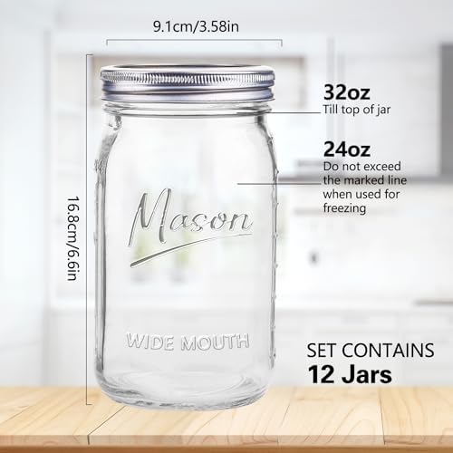 32 oz Mason Jars, 12 Pack with Airtight Lids