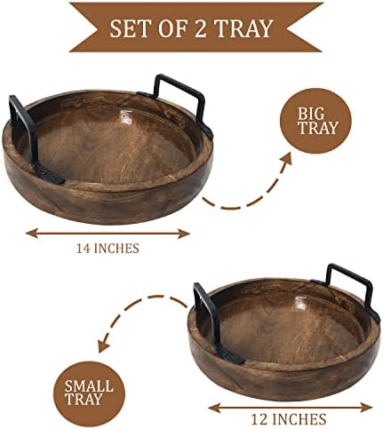 Set of 2 Round Wooden Serving Trays with Handles – Handcrafted Rustic