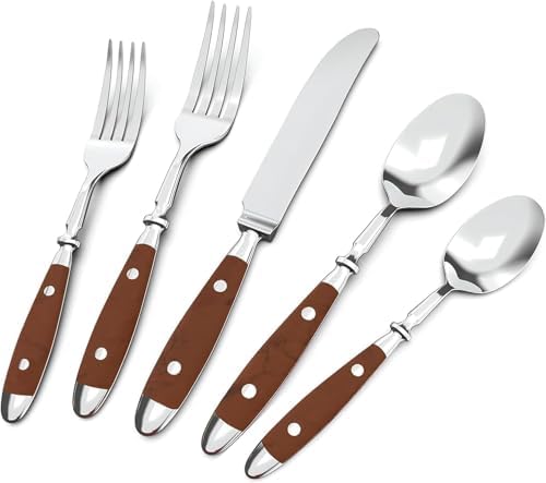 20pcs Silverware Set, Stainless Steel with Riveted Handle (Brown)
