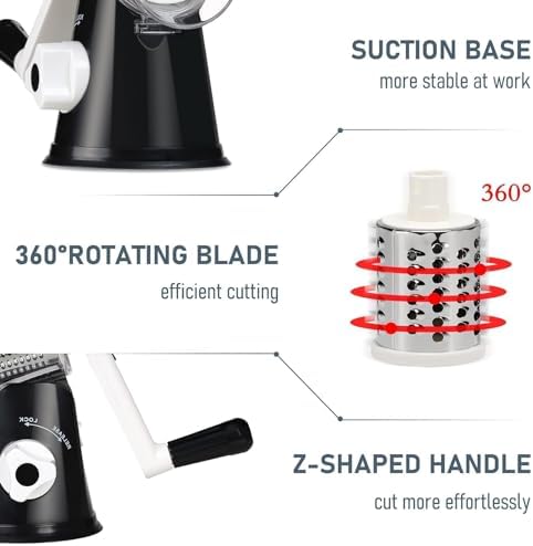 KEOUKE Rotary Cheese Grater, Black, 3 Stainless Steel Blades