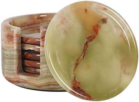 Radicaln Round Marble Coasters Set of 6 with Holder - Green Onyx Stone