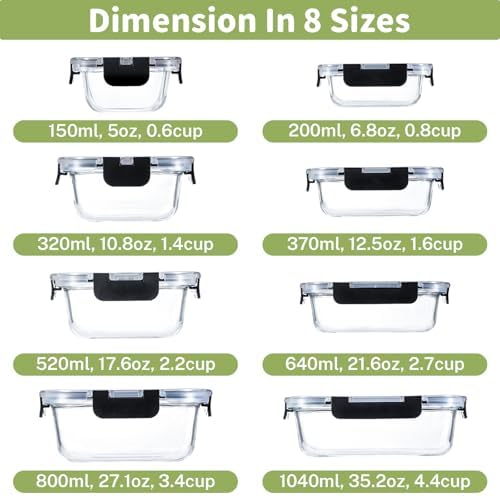 8 Pack Glass Food Storage Containers with Snap-Locking Lids