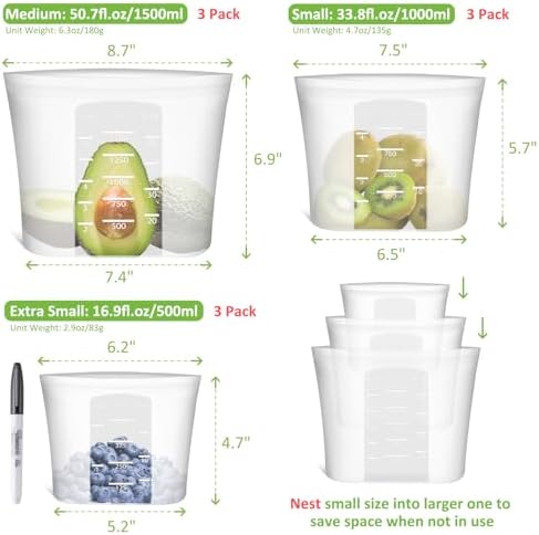 100% Silicone Reusable Storage Bag, 9 Pack Stand-Up Wide-Mouth
