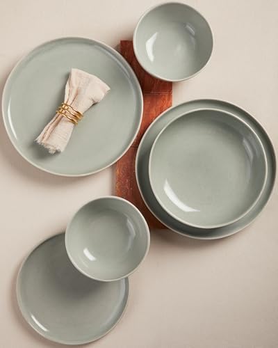 Pokini Stoneware Dinnerware Sets for 4, 12Pcs Ceramic Plates and Bowls