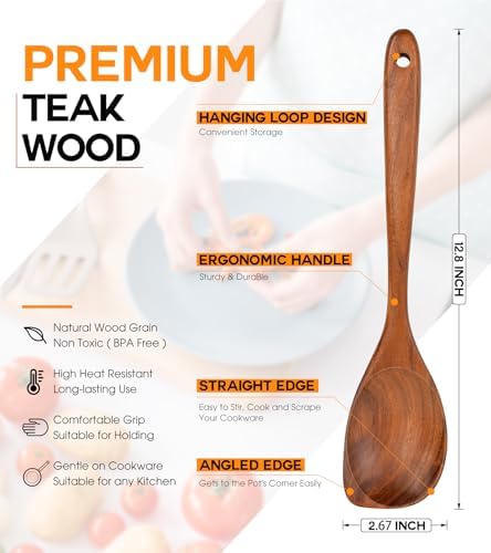 Wooden Spoons for Cooking, Natural Premium Teak Wood Corner Spoon