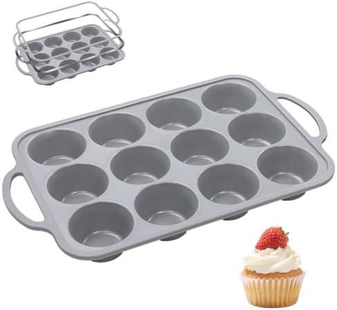 12-Cup Mini Silicone Muffin Pan with Reinforced Steel Frame,Metallic