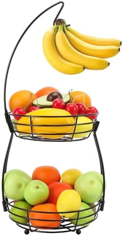 2 Tier Fruit Bowl, Stackable Fruit Basket-Vegetable Holder, Large Capacity Thick Metal Wire Basket with Banana Hanger, Kitchen Countertop Fruit Veggies Storage, Black