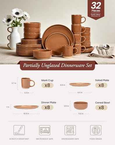 OTAGO 32-Piece Stoneware Dinnerware Set for 8 with Mugs, Plates and Bowls Sets Partially Unglazed Base, Scratch Resistant Ceramic Dish Set, Microwave & Dishwasher Safe for Kitchen Dinner Dining, Brown