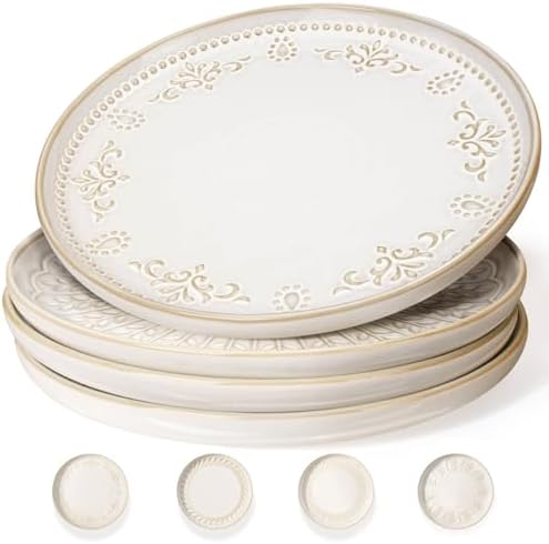 Artena Large Ceramic Dinner Plates Set Of 4, 10.75 Inch Embossed