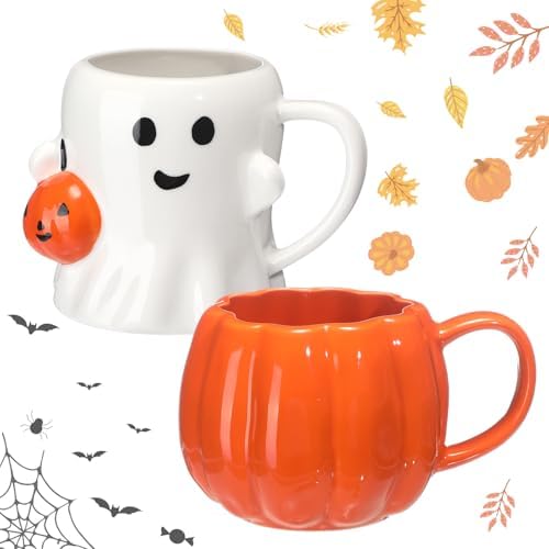 LemonRoad 2 Pcs 14 oz Halloween Ceramic Mugs, 3D Ghost Pumpkin