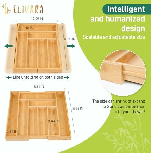 100% Bamboo Expandable Drawer Organizer - Adjustable Utensil and