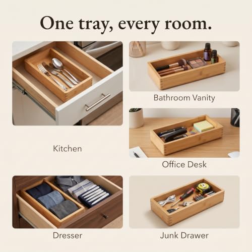Bamboo Drawer Organizer Boxes - Non-Slip Utensil & Storage Tray