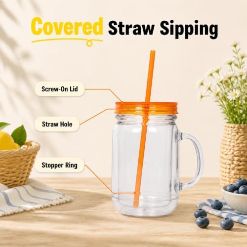 Plastic Mason Jars with Handles, Lids and Straws | 20 oz Double