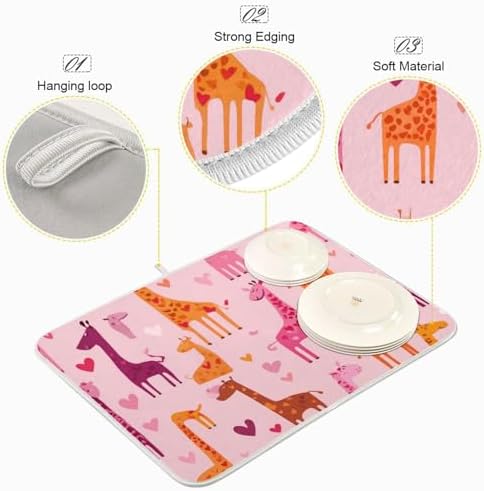 OTVEE Sweet Giraffe Art Dish Drying Mat for Kitchen Counter Absorbent